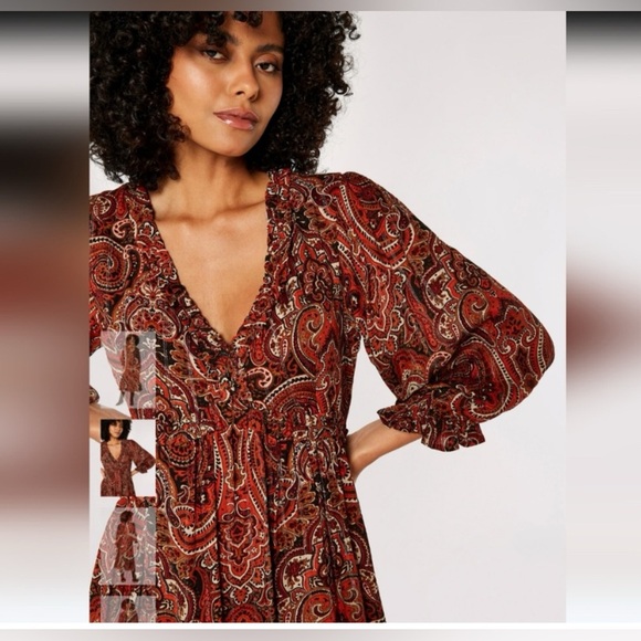 Apricot Paisley Midi Dress with Ruffles Size L - Picture 12 of 13